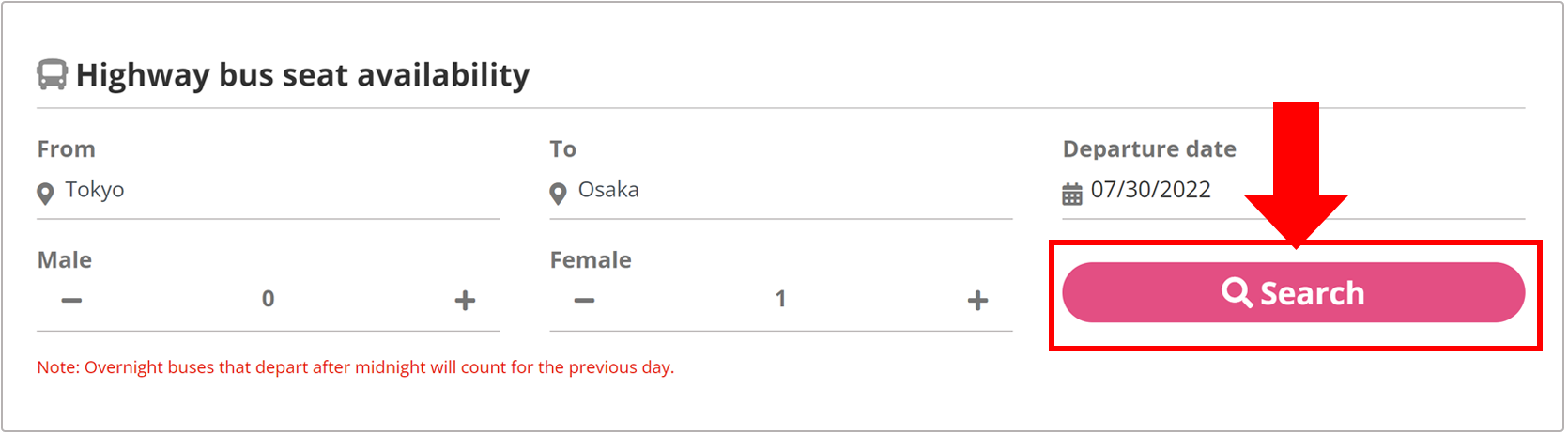 Step 2 Choose one way or round trip, input the origin and the destination, date, number of passengers by gender, then click the 'Search' button.