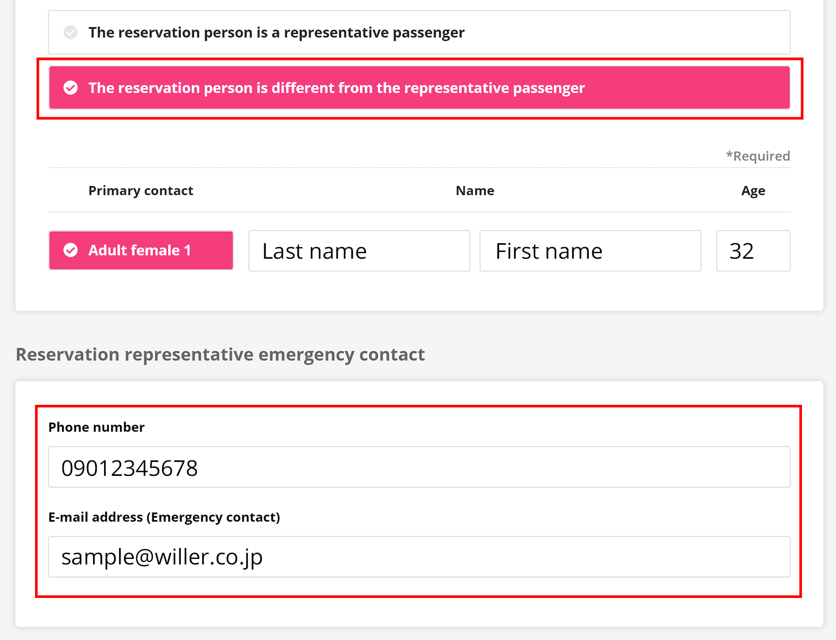 Step 10 Option 2: The reservation person is different from the representative passenger