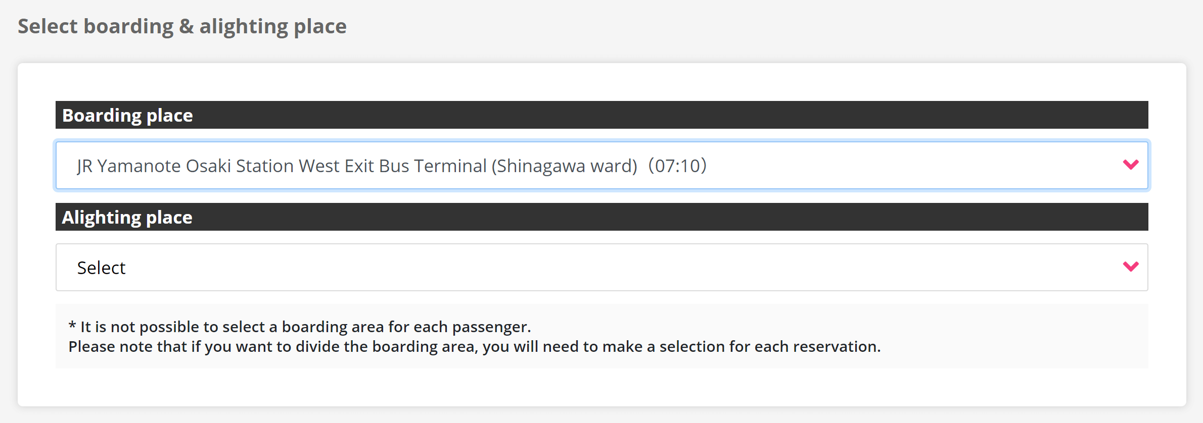 Step4-1 Choose the boarding and the alighting places (departure and arrival places), enter the number of passengers, and click the 'Go to select a plan' button.