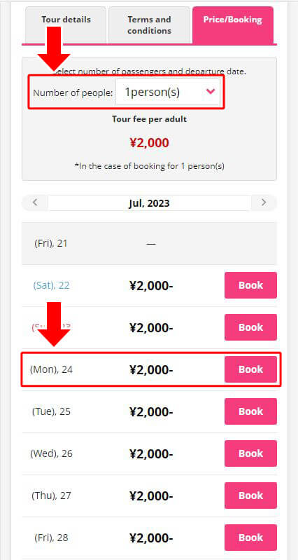 On the tour booking page, choose the number of people and the departure date from the calendar.