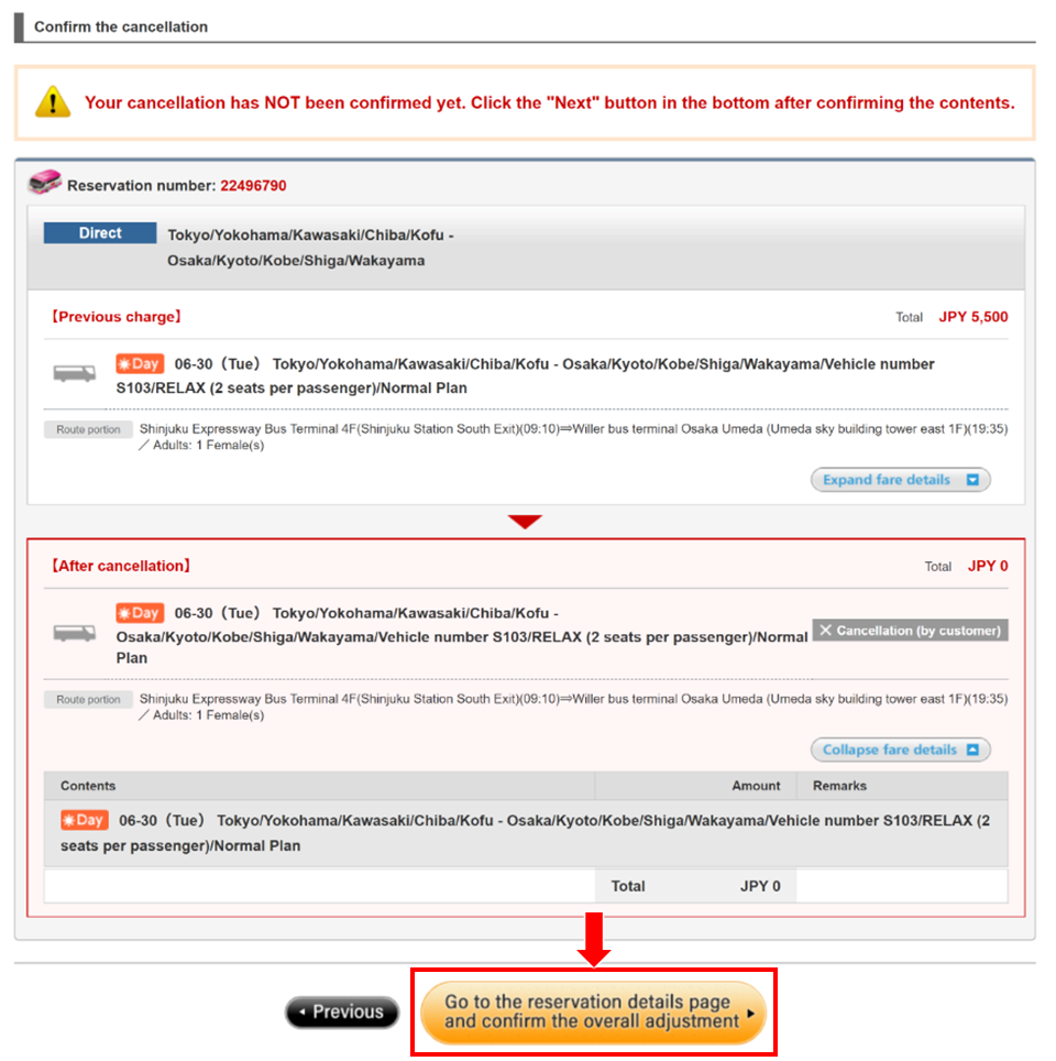 Confirm the cancellation detail and click 'Go to the reservation detail page and confirm the overall adjustment details'.