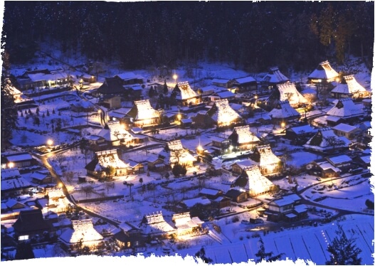 The fantastical village view illuminated by snow lanterns