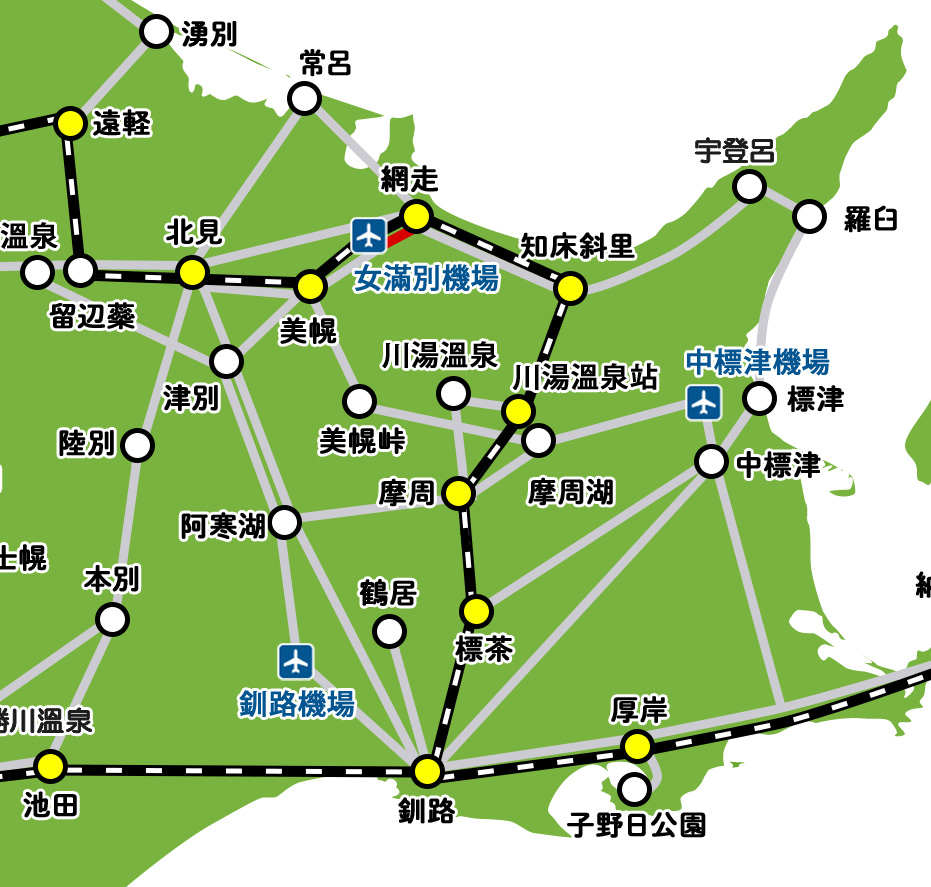 網走行きのバス路線マップ