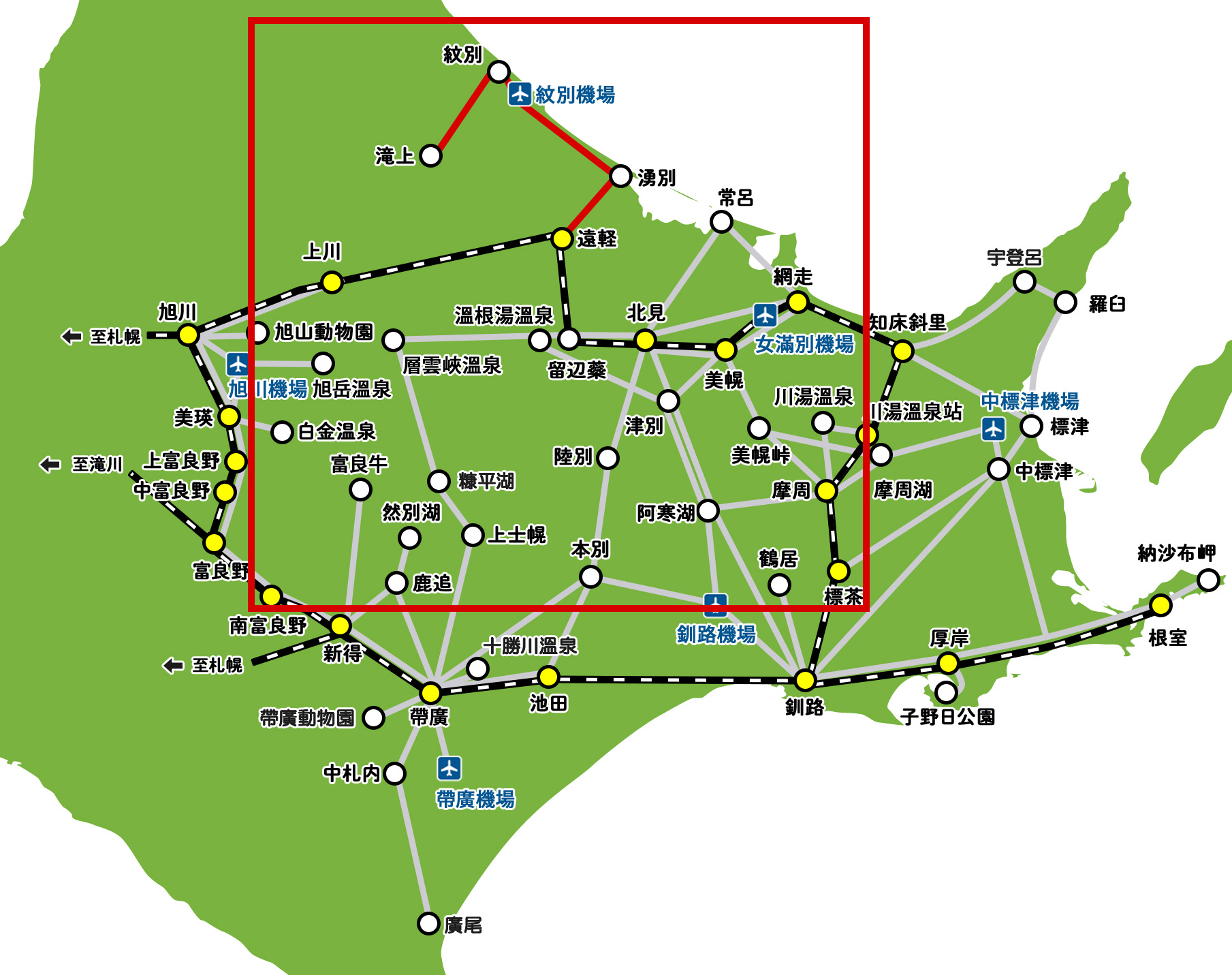 紋別行きのバス路線マップ