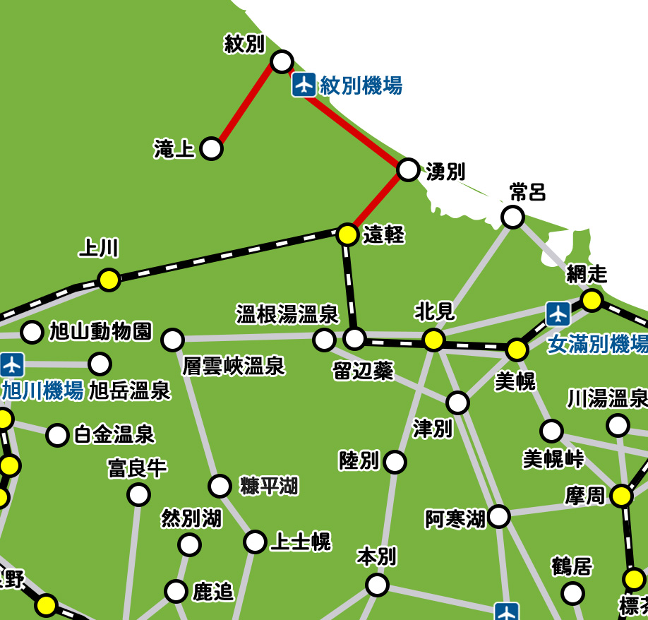 紋別行きのバス路線マップ