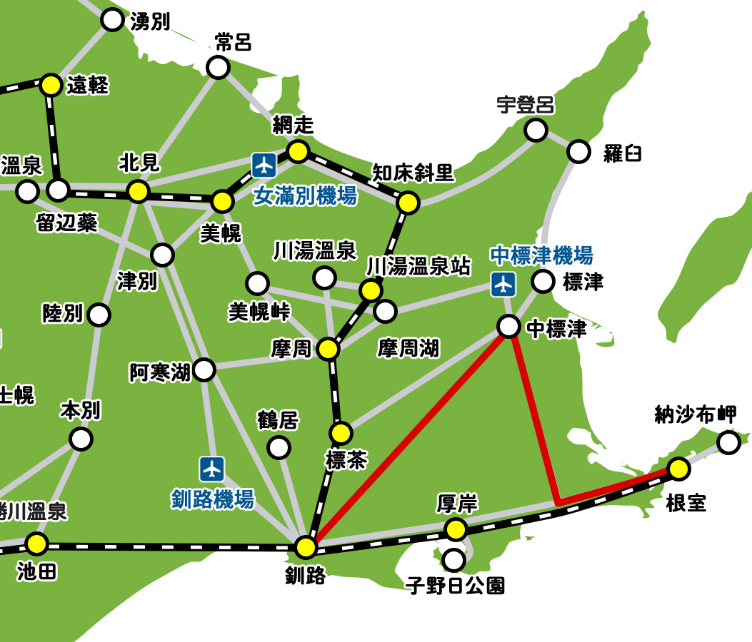 中標津行きのバス路線マップ