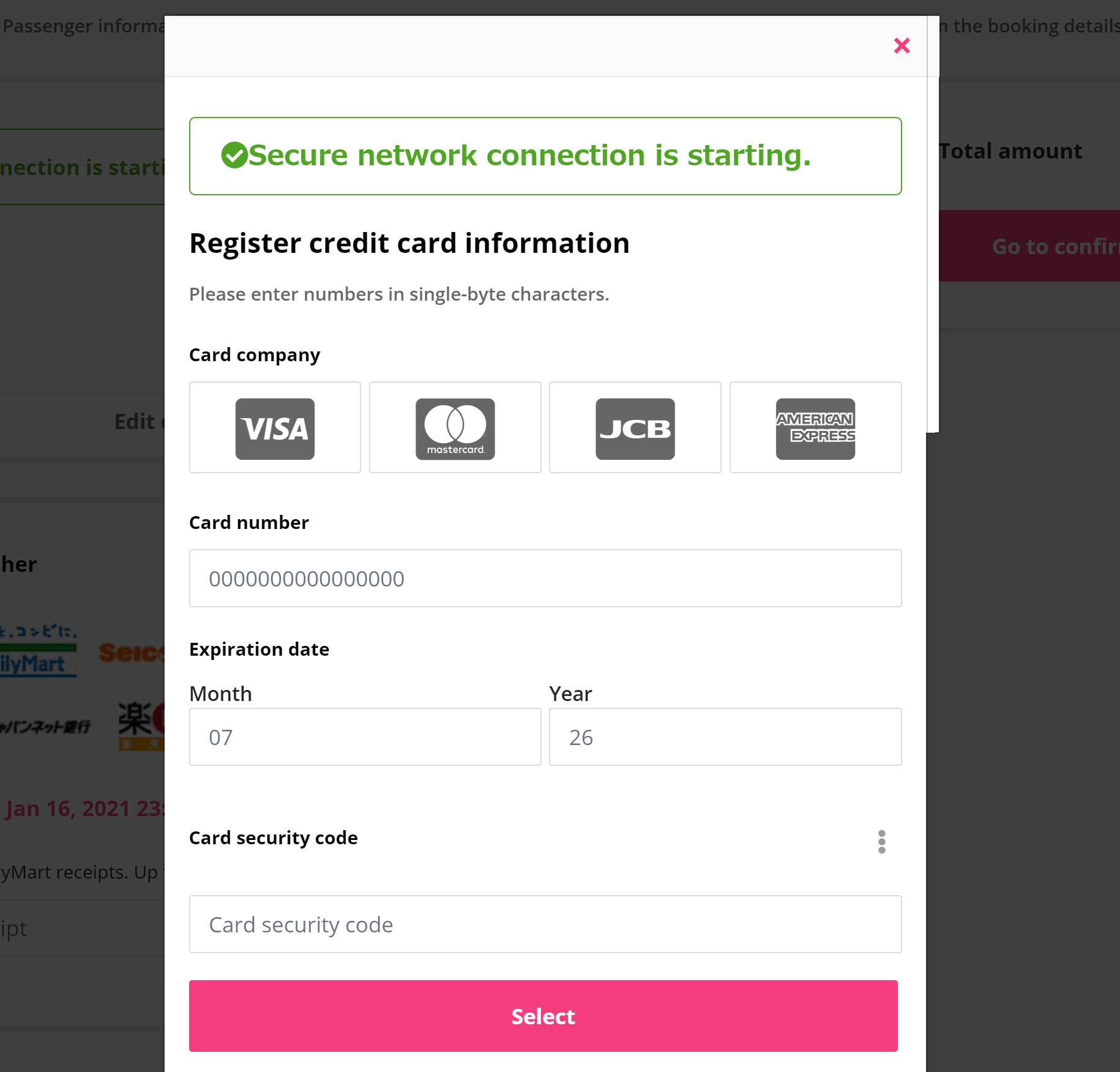 Choose the type of credit card, input the card number, and the expiry date.