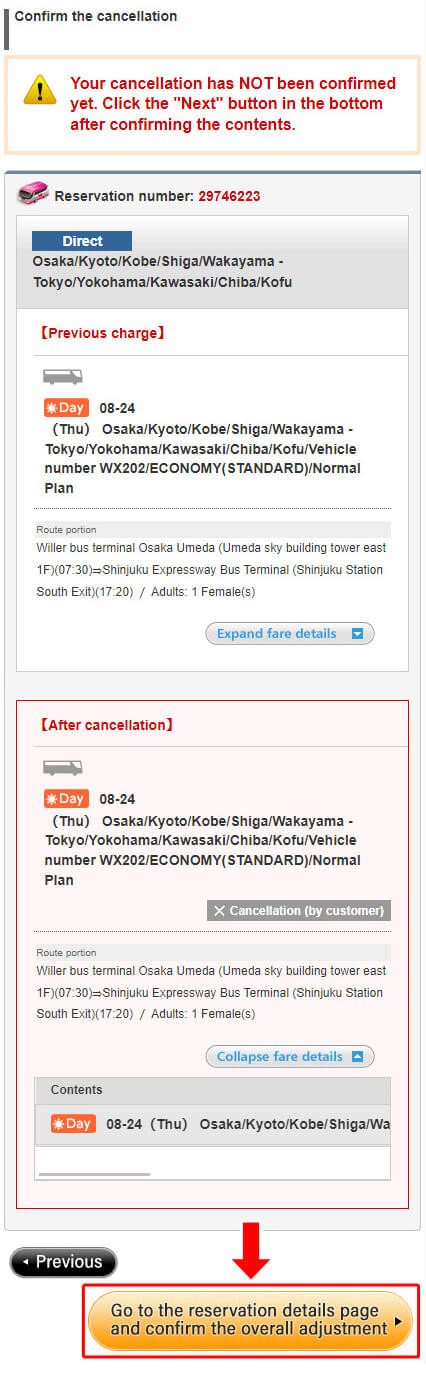 Confirm the cancellation detail and click 'Go to the reservation detail page and confirm the overall adjustment details'.