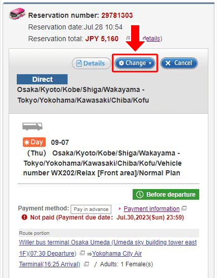 Click 'Change' and choose 'Change the boarding date / bus number'.